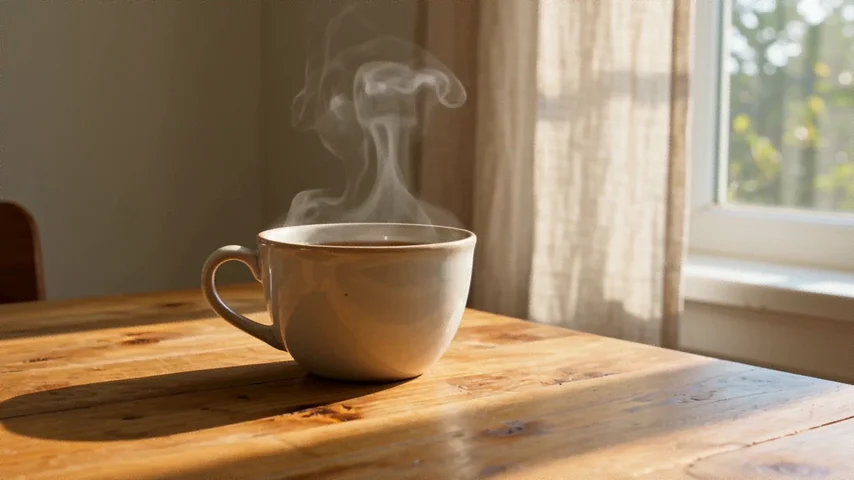 Appearance input showing a beige ceramic cup on an indoor wooden table beside a window